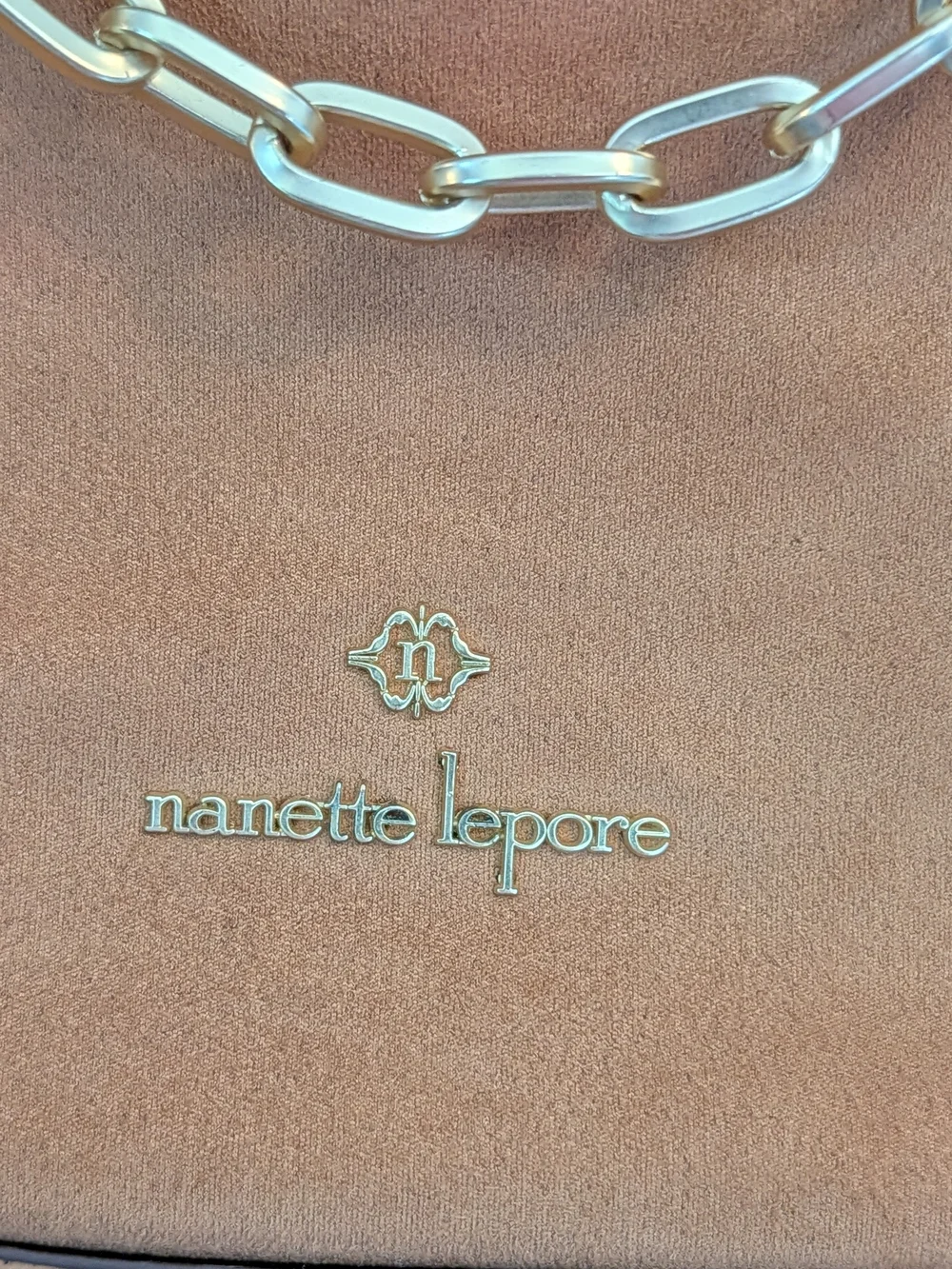 Nanette Lepore Faux Suede Satchel Bag in Camel W/Gold-tone Accent Chain